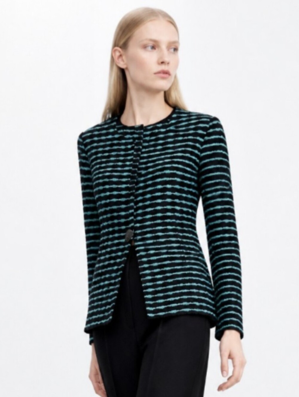 Misook Knit Cardigan Jacket Wave Knit One Button Slit Cuff Aqua Blue Black Large